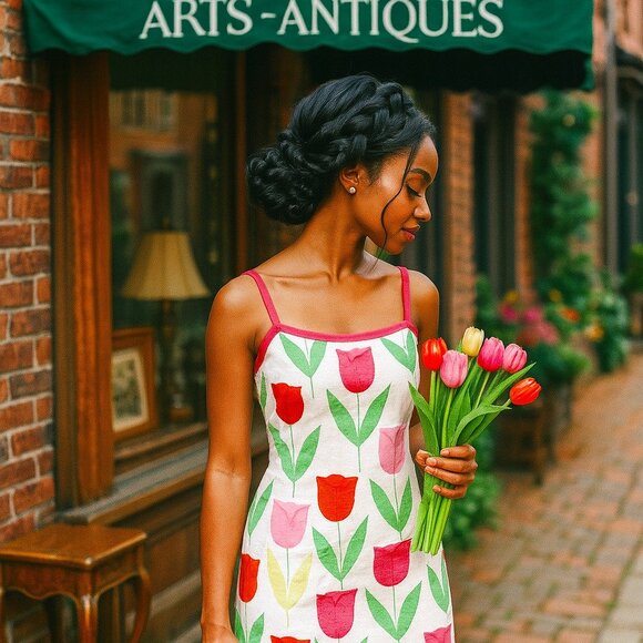 Maggy London Petites Tulip Print Sundress – Size 6 – Retro Floral with Pleated H - Picture 1 of 3